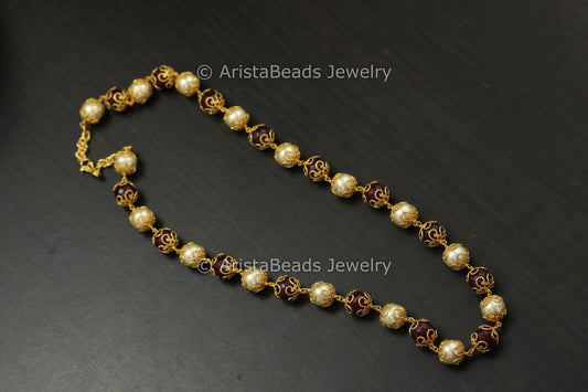 Single Strand Pearls & Red Agate Beaded Mala