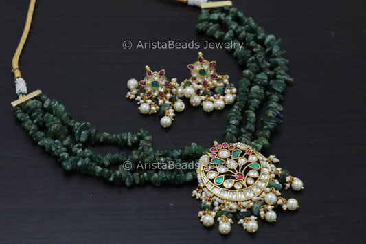 Aventurine Chip Beads Pachi Kundan Necklace Set