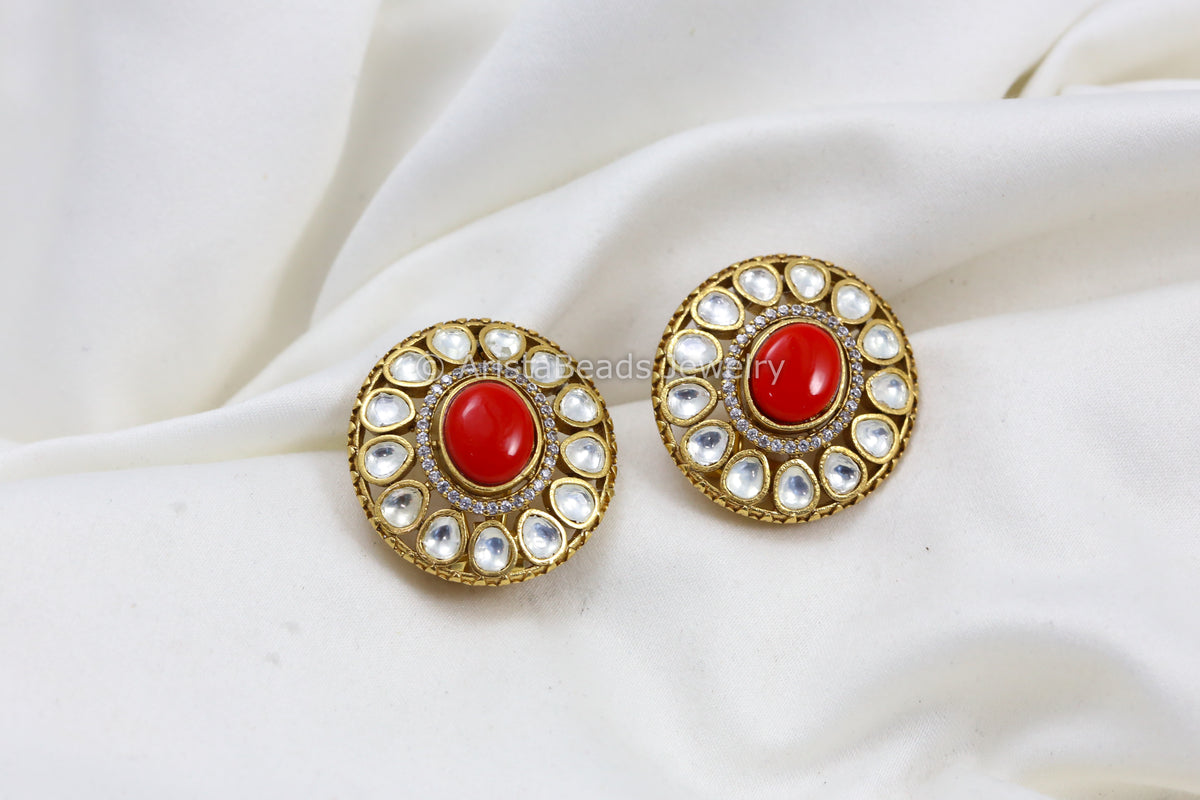 Real Coral,  Uncut Polki & Micro CZ Studs