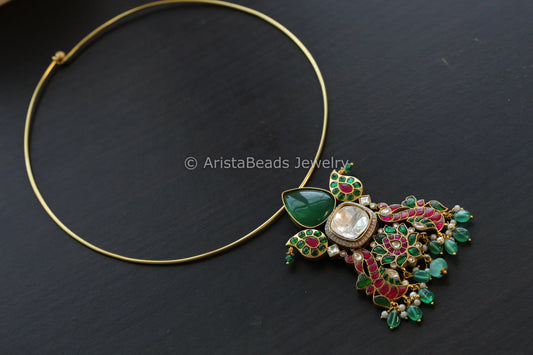 Silver Replica Green Onyx Jadau Hasli Necklace