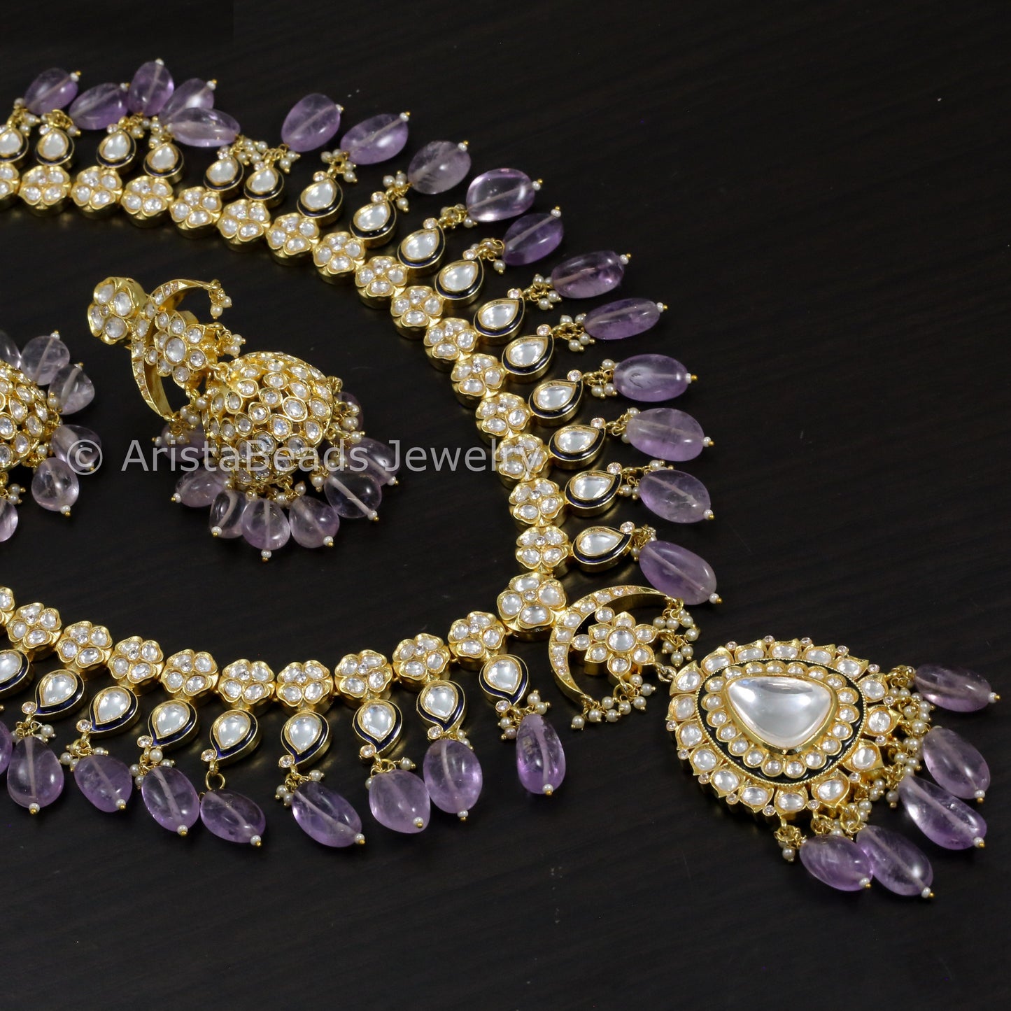 Long Uncut Kundan Necklace Jhumka Set - Amethyst Drops
