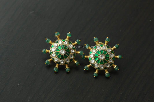 Jadau Kundan Green Fluorite Bead Studs