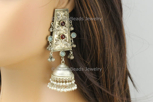 Large Mint Red Silver Polish Clear Jhumka