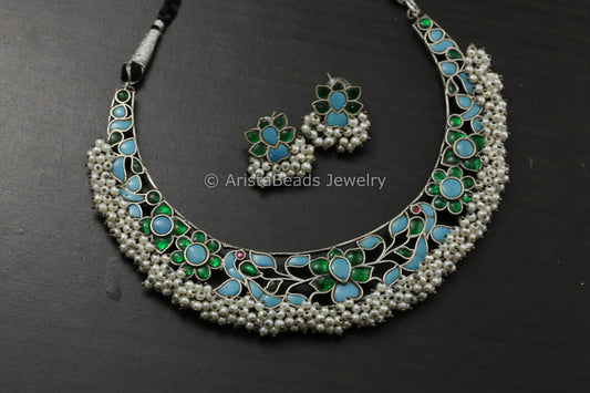 Silver Finish Jadau Hasli Necklace Set - Turquoise Green