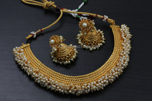 Gajra Style Gold Pearl Necklace  Set