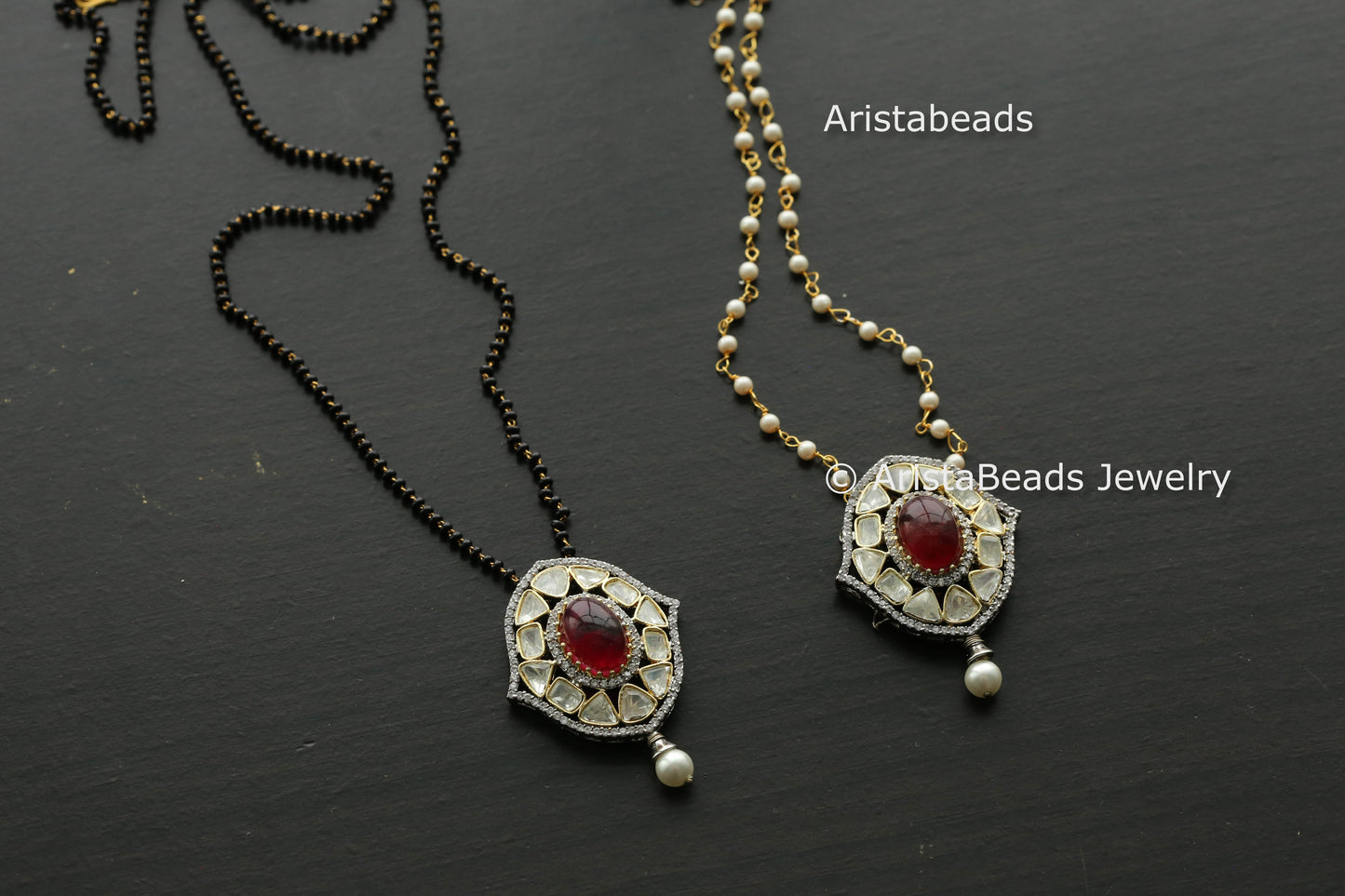 Dainty Ruby Doublet Moissanite Polki Beaded Necklace