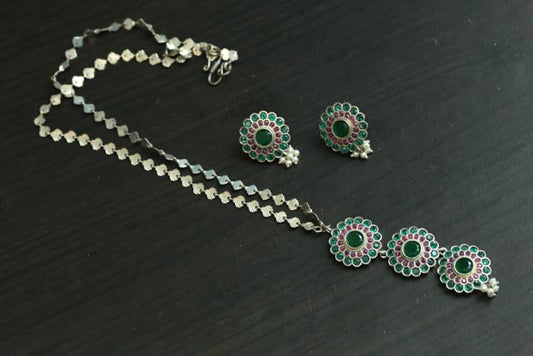 Silver Look Long Necklace Set - Red Green