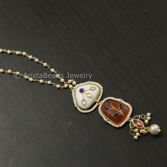 Dainty Jadau Kundan Pendant Necklace - White Orange