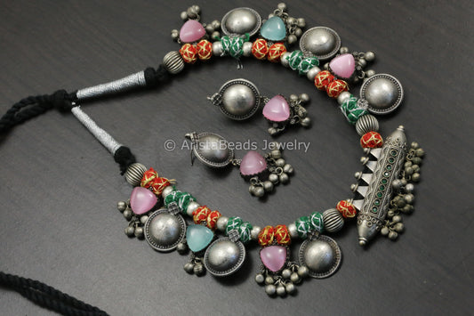 Amrapali Silver Look Alike  Tabeez Necklace Set  -Red Green