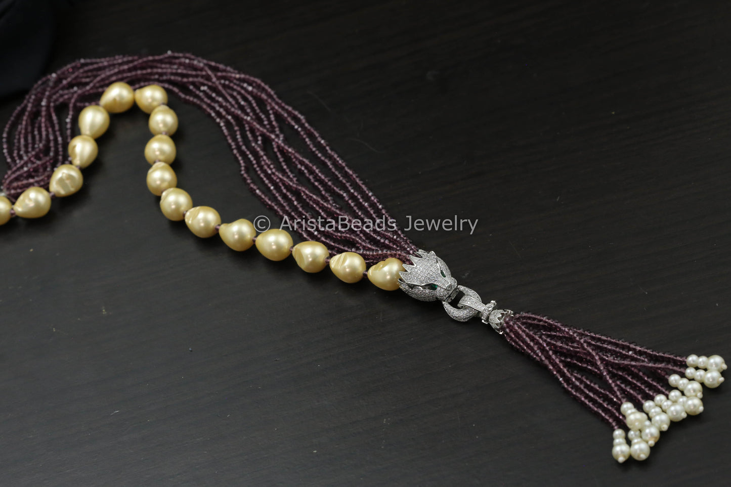 Micro Pave Tassel Pendant In Pearls & Crystal Beads- Wine