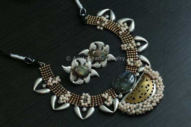 Real Labradorite Stone Silver Replica Set - Light Peach