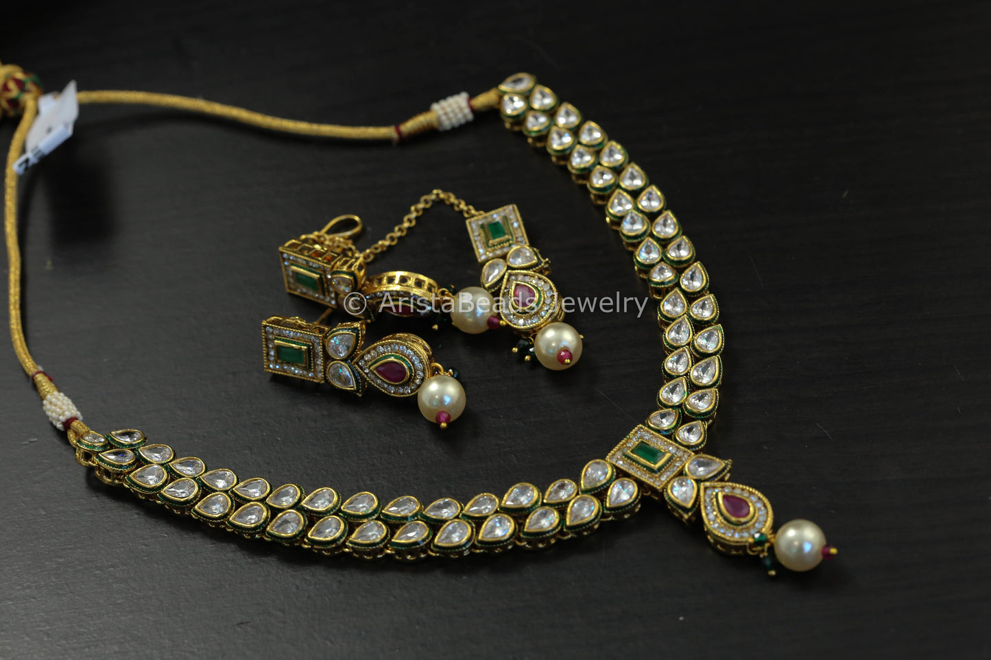 Rajwadi Polki Necklace Set With Tika
