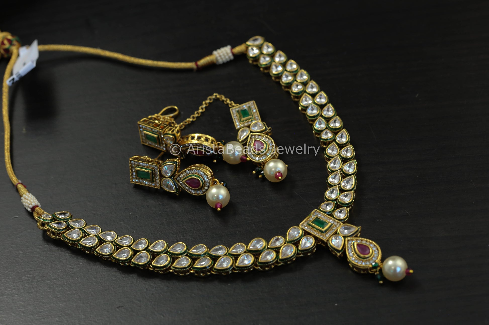 Rajwadi Polki Necklace Set With Tika