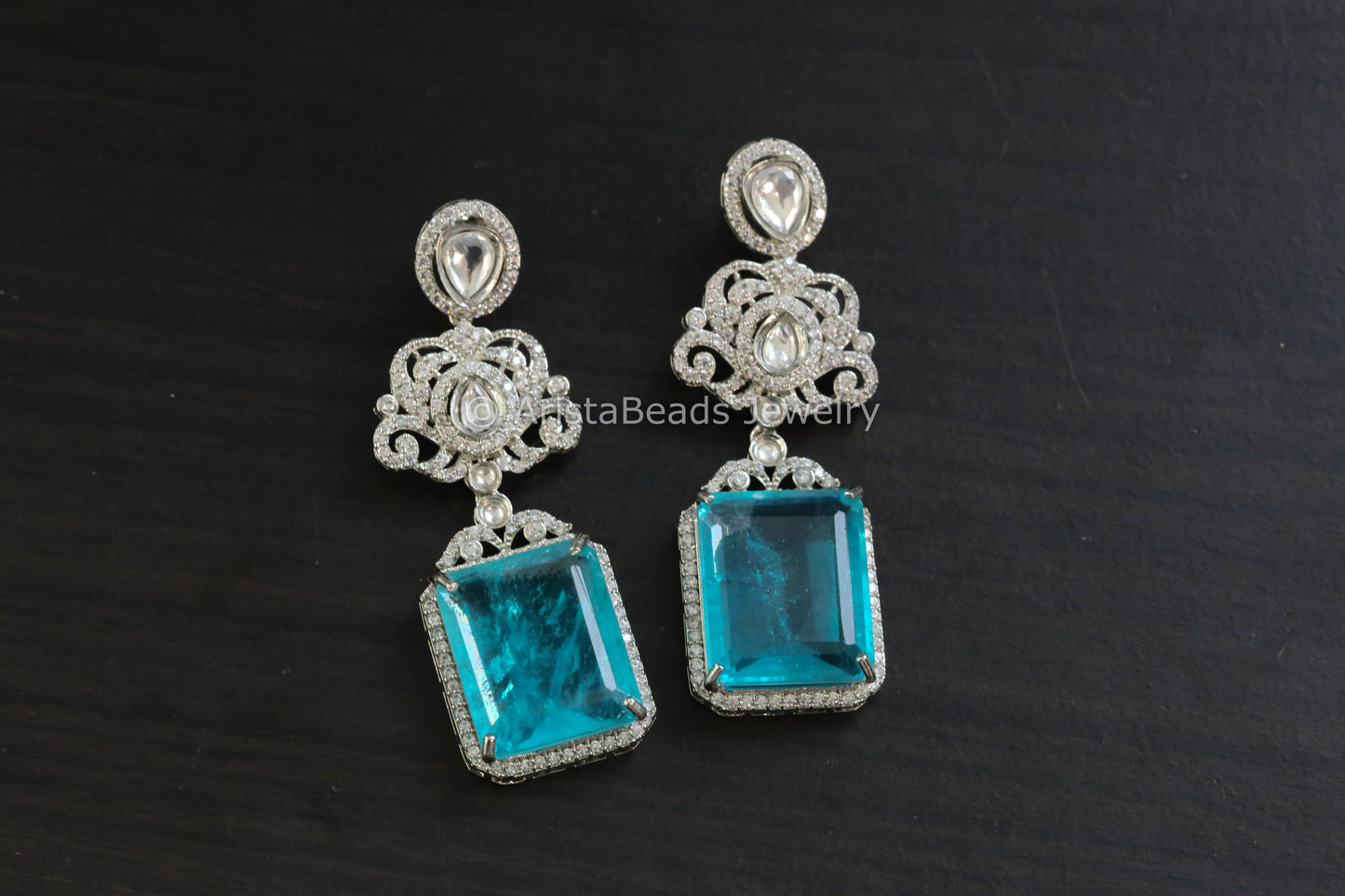 Aqua Blue Doublet, CZ & Uncut Polki Earrings