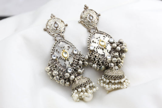Silver Polish Clear Kundan Jhumka Earrings