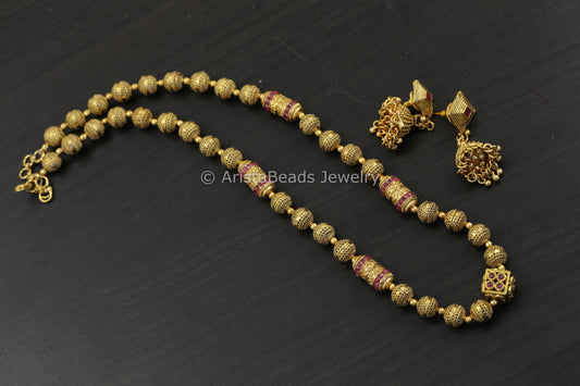 Antique Gold Beaded Necklace Set - Ruby