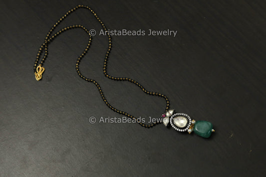 Black Bead Victorian Polki Pendant Mala