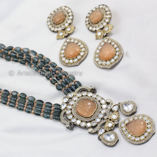 Contemporary Victorian Uncut Kundan Necklace Set - Orange