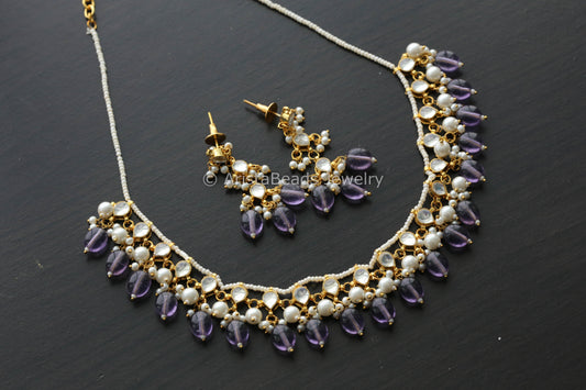 Dainty Pachi Kundan Necklace Set - Purple Drops