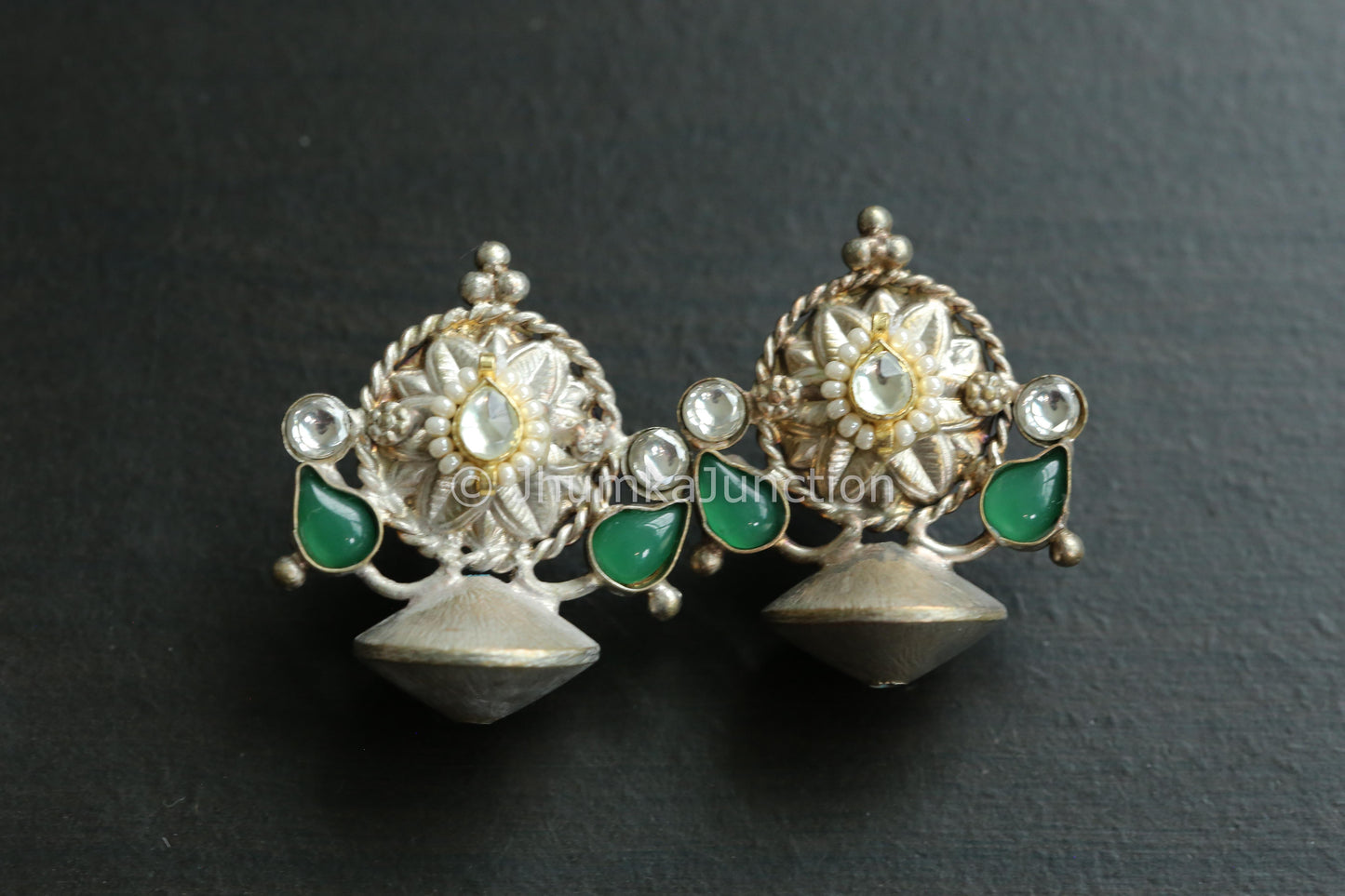 Small 925 Silver Polish Kundan Earring - Green