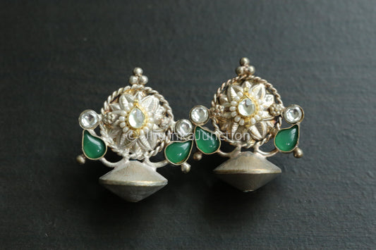 Small 925 Silver Polish Kundan Earring - Green