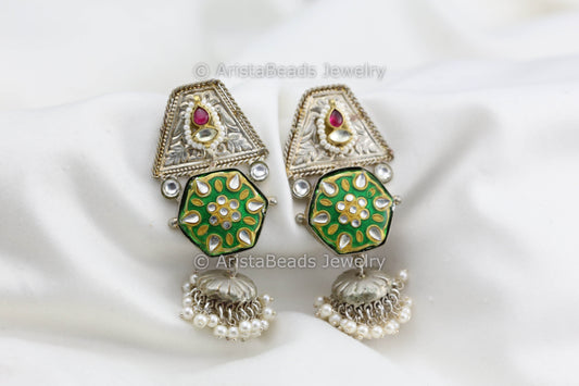 Silver Polish Enamel Kundan Jhumka - Green