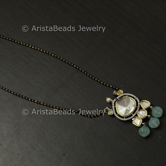 Black Bead Polki Pendant Mala - Mint Melon Drops