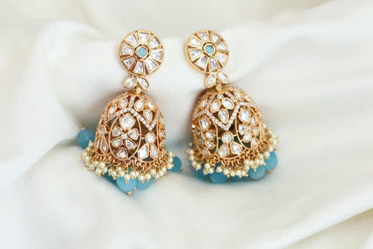 Clear Moissanite Look Polki Jhumka - Blue