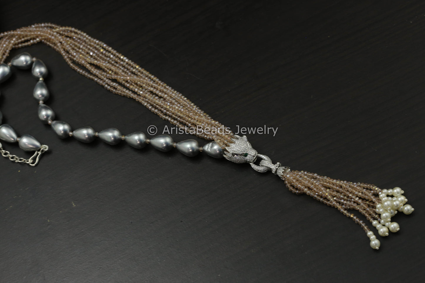 Micro Pave Tassel Pendant In Pearls & Crystal Beads- Neutral Beige