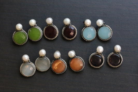 Semiprecious Stone & Real Pearl Studs