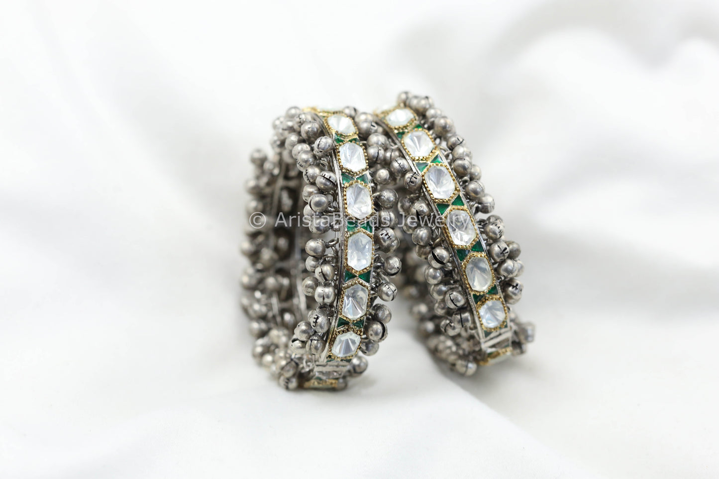 Polki Kundan Enamel Ghungroo Bangle Set - Green (2.2/2.4)