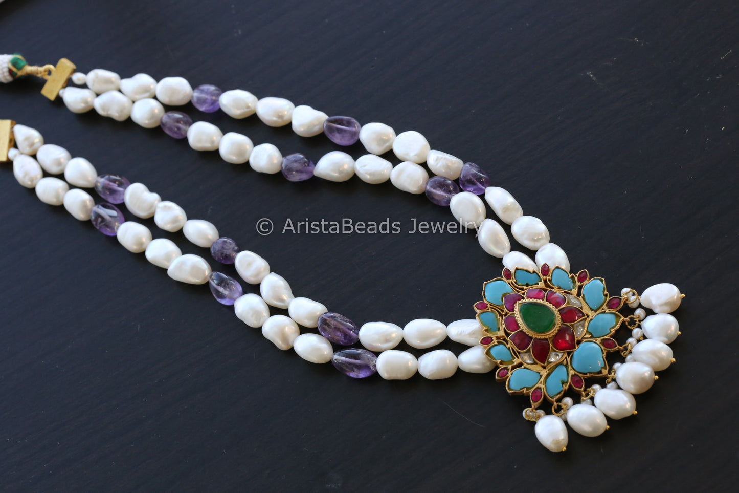 Jadau Pendant In Amethyst & Real Pearls Mala
