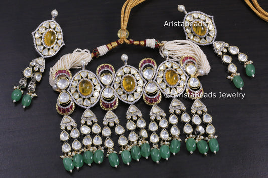 Premium Uncut Polki, Yellow Doublet & Pota Stones Necklace Set
