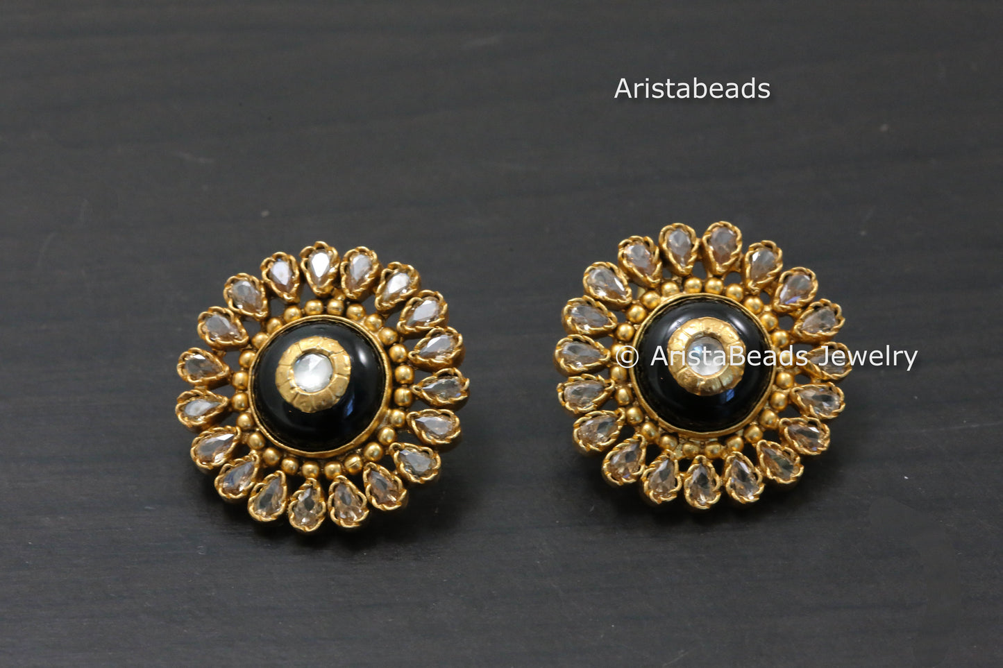 925 Sterling Silver Gold Polki & Black Onyx Studs