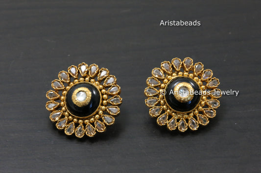 925 Sterling Silver Gold Polki & Black Onyx Studs