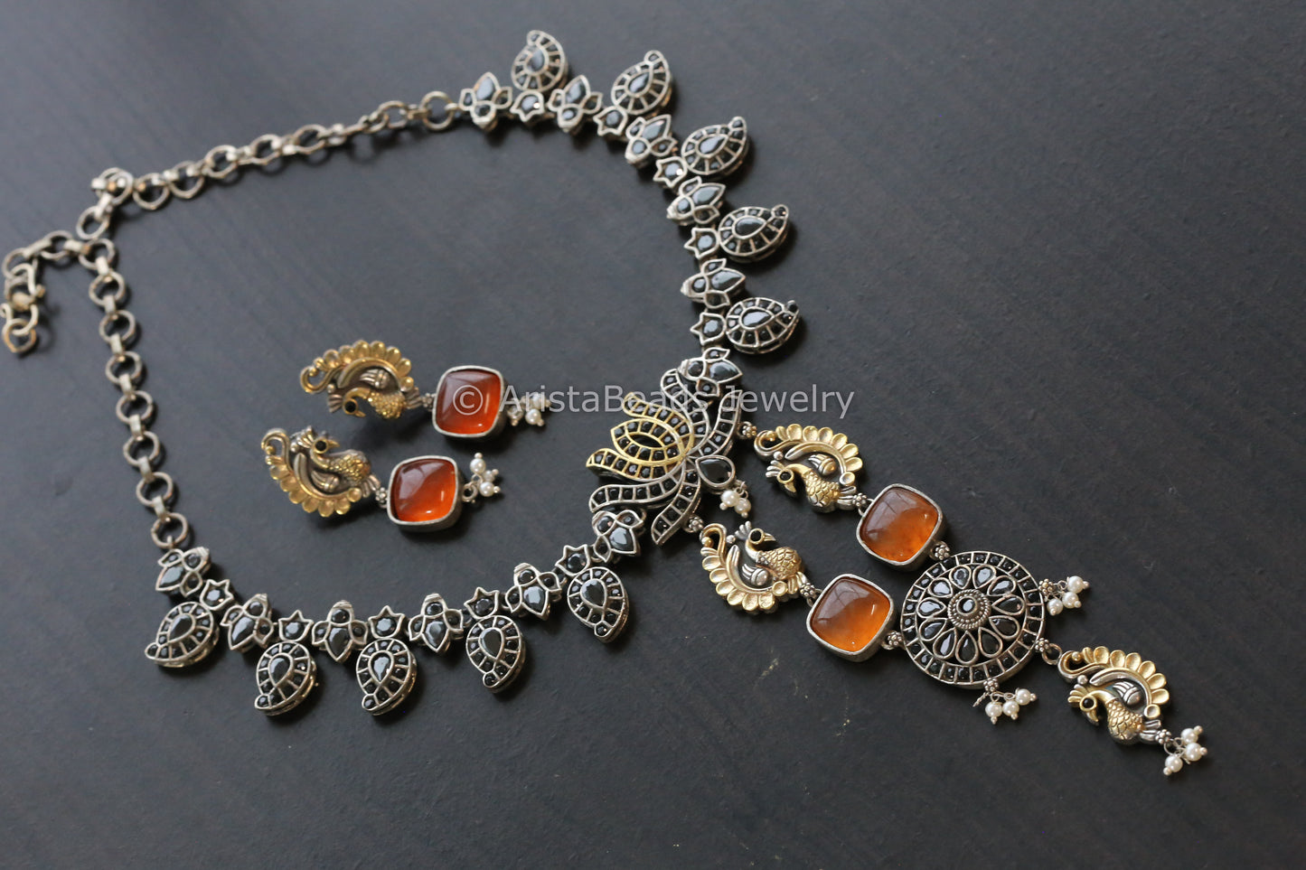 Jadau Look Oxidized Necklace Set - Orange Black