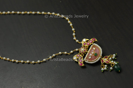 Dainty Pink Jadau Kundan Pendant Necklace