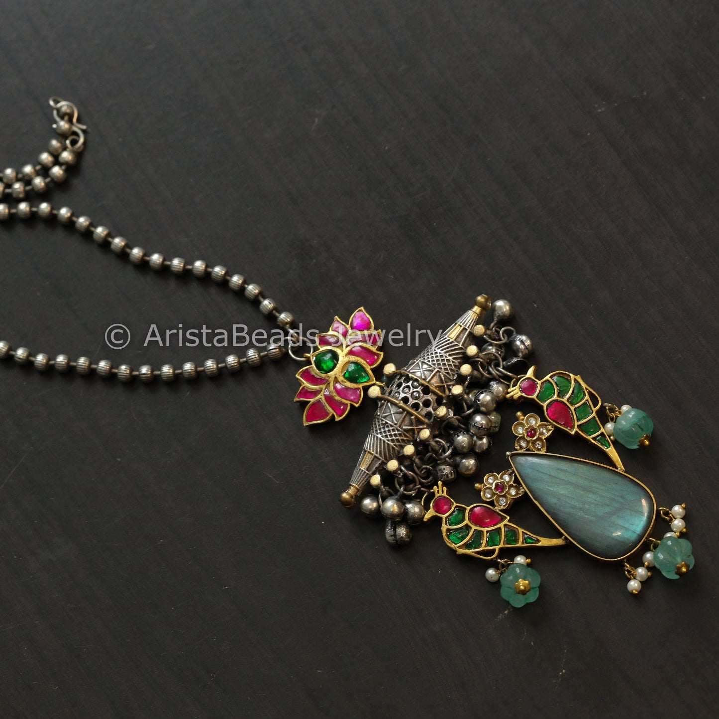 Silver Replica Dual Tone Labradorite & Jadau Necklace