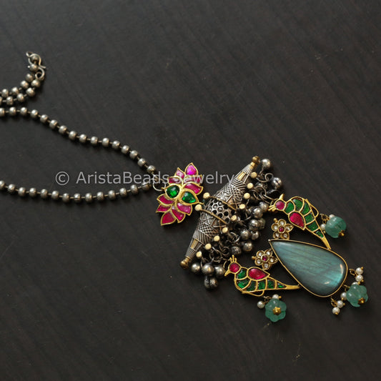 Silver Replica Dual Tone Labradorite & Jadau Necklace