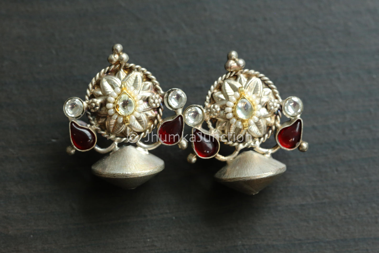 Small 925 Silver Polish Kundan Earring - Red