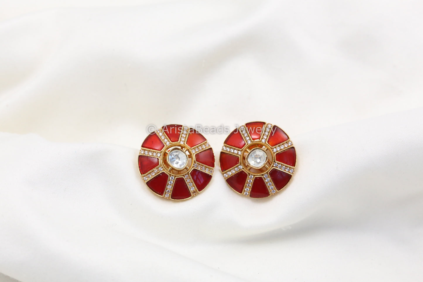 Pota Stone, CZ & Uncut Kundan Studs - Red