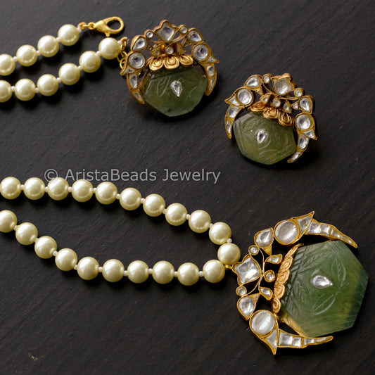 Real Carved Fluorite Jadau Kundan Pendant Set
