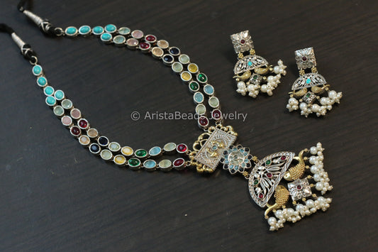 Dual Tone Navratan Kemp Brass Necklace Set
