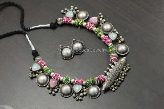 Amrapali Silver Look Alike  Tabeez Necklace Set  - Pink Green