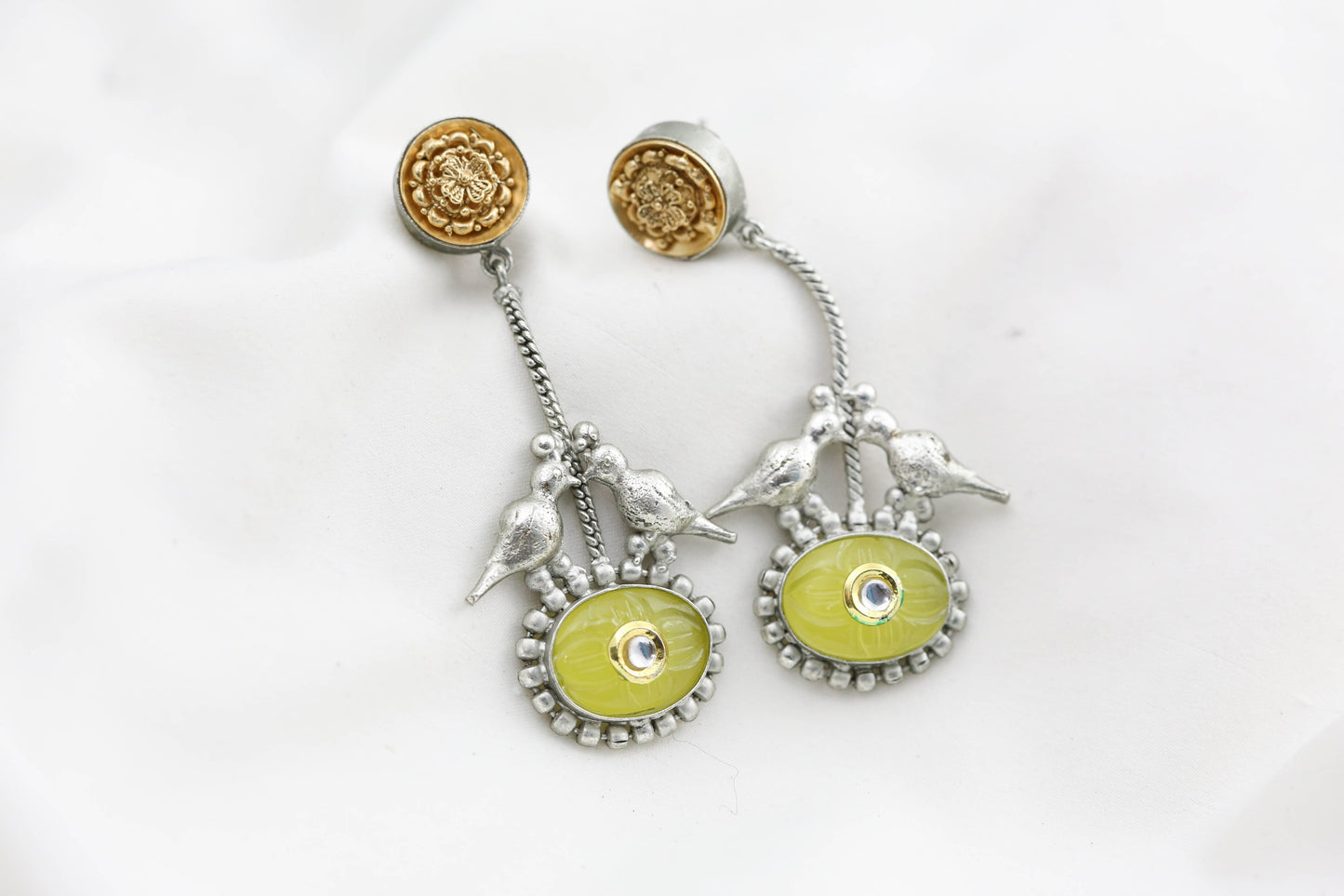 Silver Polish Yelllow Kundan Earrings