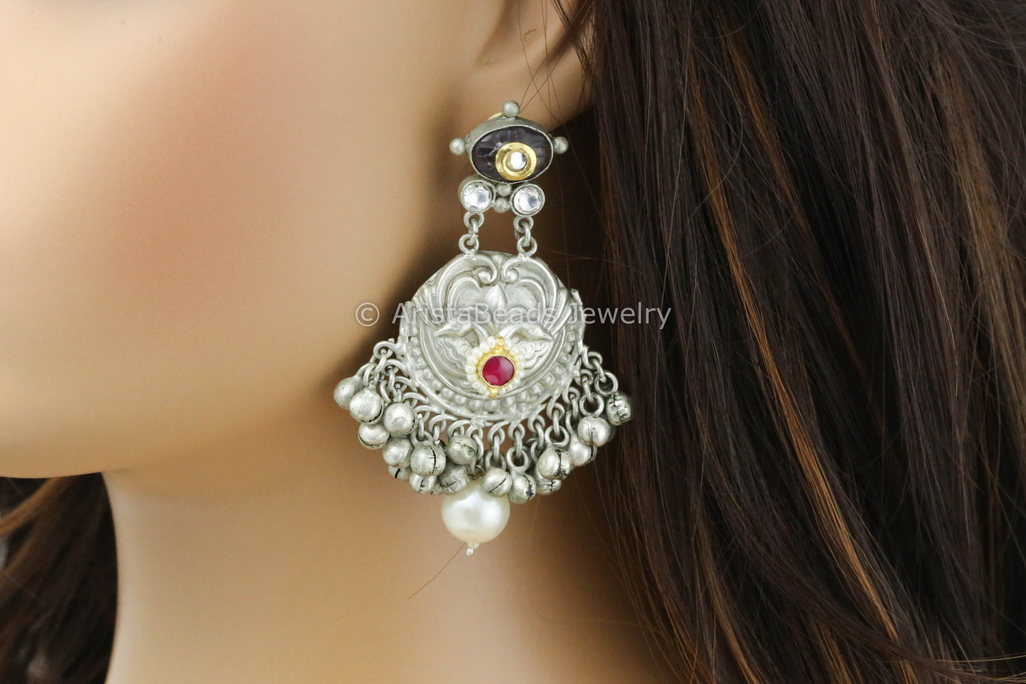 Silver Polish Ruby Kundan Earrings
