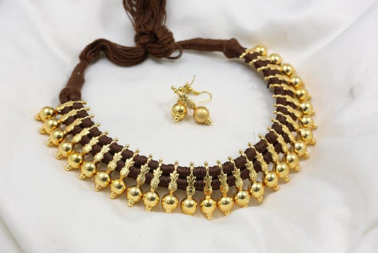 Gold Finish Thread Necklace - Brown