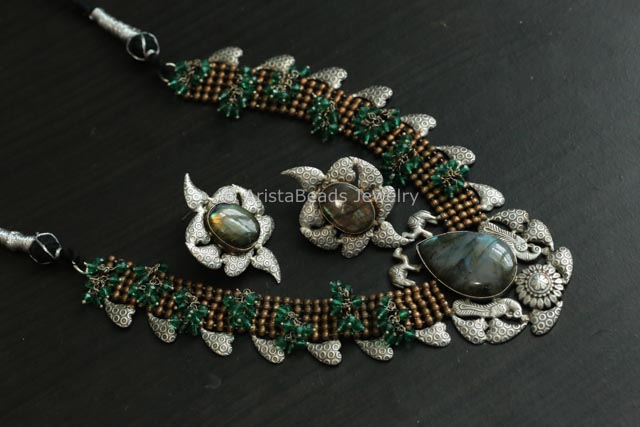 Real Labradorite Stone Silver Replica Set - Green