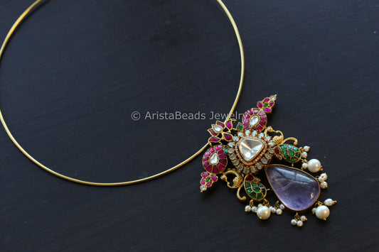 Silver Replica Amethyst Jadau Hasli Necklace