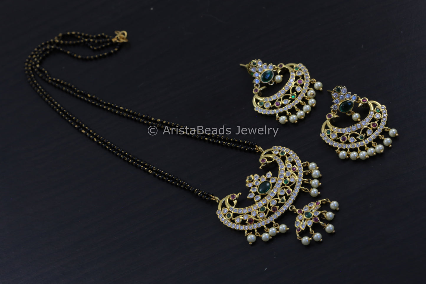 CZ Peacock Chandbaali Black Bead Set